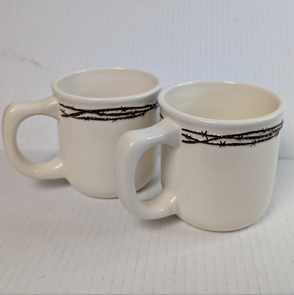 Rustic Western Barbed Wire Stoneware Coffee Mug Set Ranch Cowboy Lodge Decor